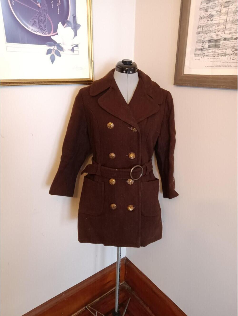 Vintage 70s Brown Wool Pea Coat, Double Breasted Lined Coat  Size S